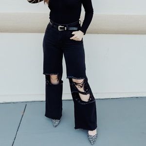 High waist wide leg ripped black jeans